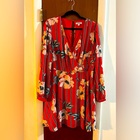 Express Red Floral Skater Dress Size Large - Picture 4 of 8